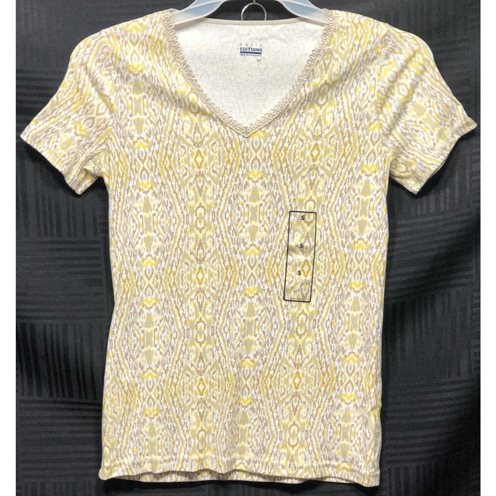 NWT Basic Ed Top T shirt S Gray Yellow Geo Embroidered V-Neck Trim ShortSleeve